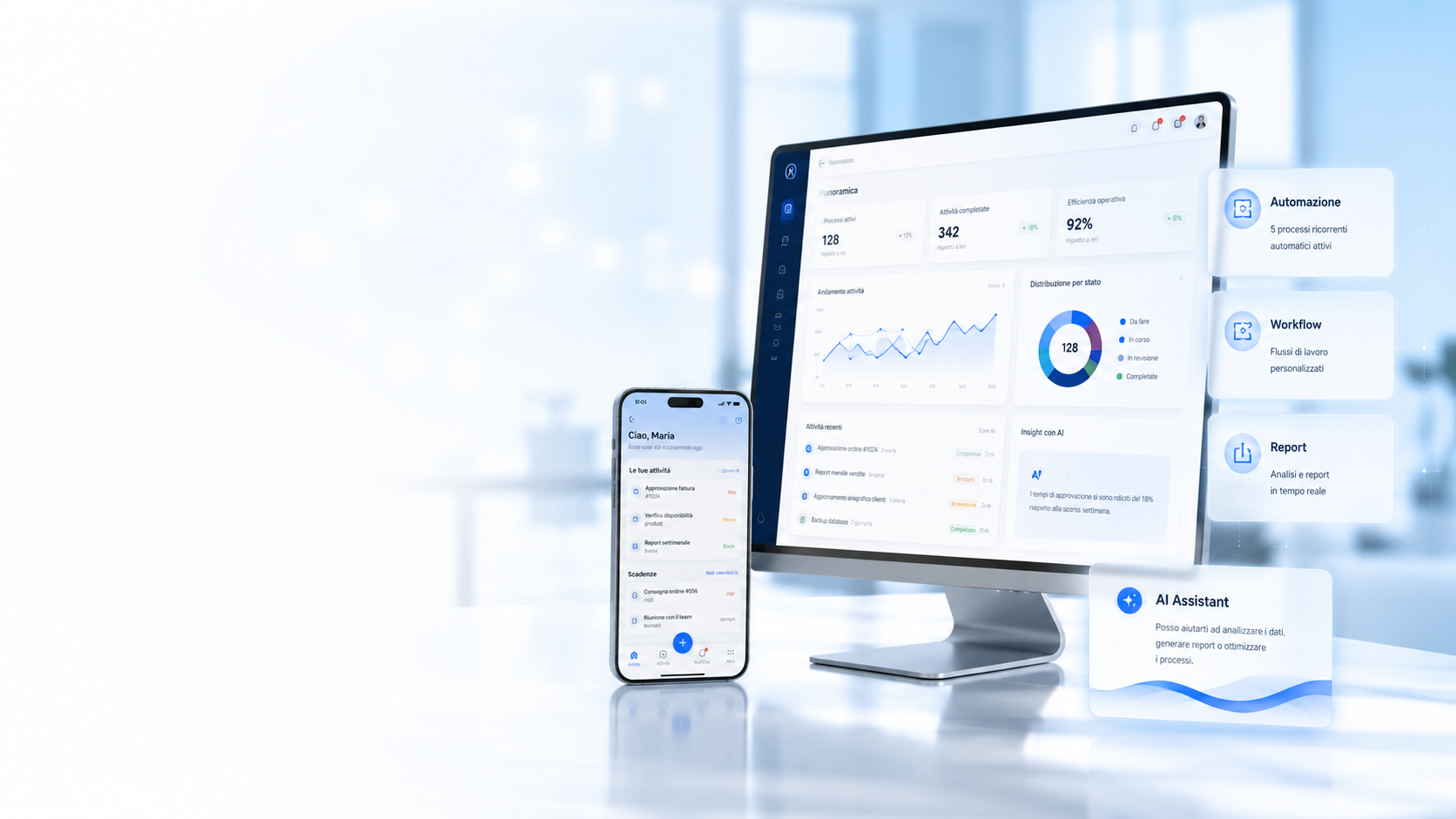 Dashboard gestionale e applicazione mobile personalizzata con automazioni e intelligenza artificiale